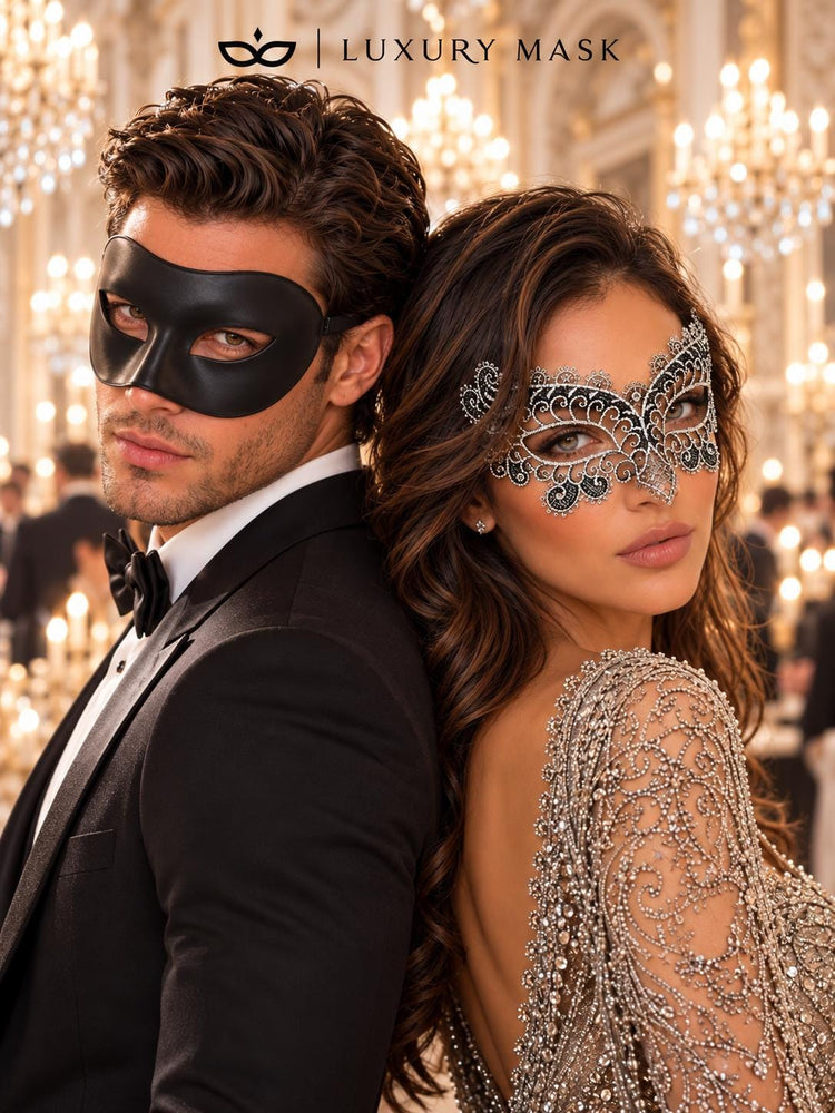 Black & Silver matching masquerade masks for couples, men’s Venetian and women’s lace eye masks – view 5