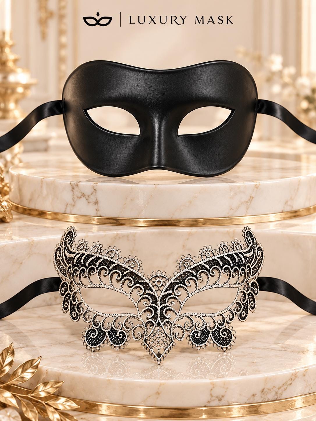 Black & Silver matching masquerade masks for couples, men’s Venetian and women’s lace eye masks – view 6