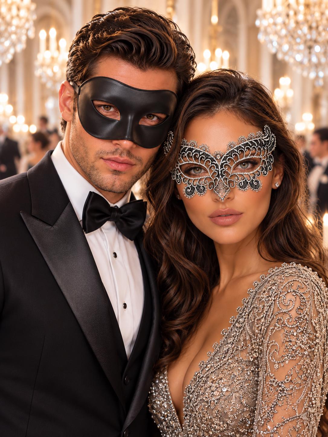 Black & Silver matching masquerade masks for couples, men’s Venetian and women’s lace eye masks – view 1