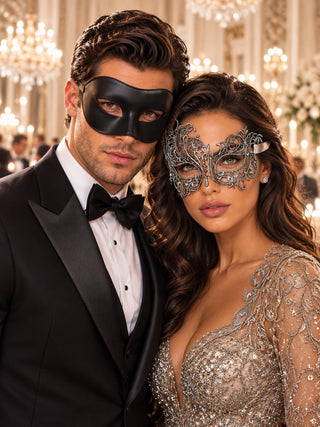 Black & Silver matching masquerade masks for couples, men’s Venetian and women’s lace eye masks – view 1