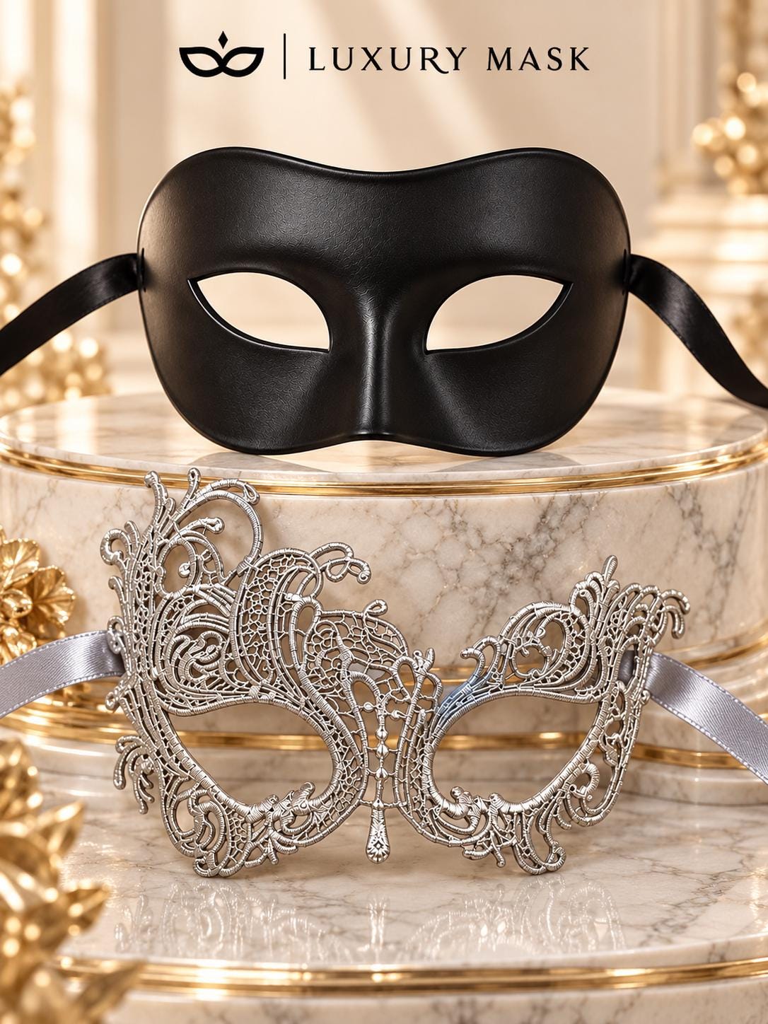 Black & Silver matching masquerade masks for couples, men’s Venetian and women’s lace eye masks – view 6