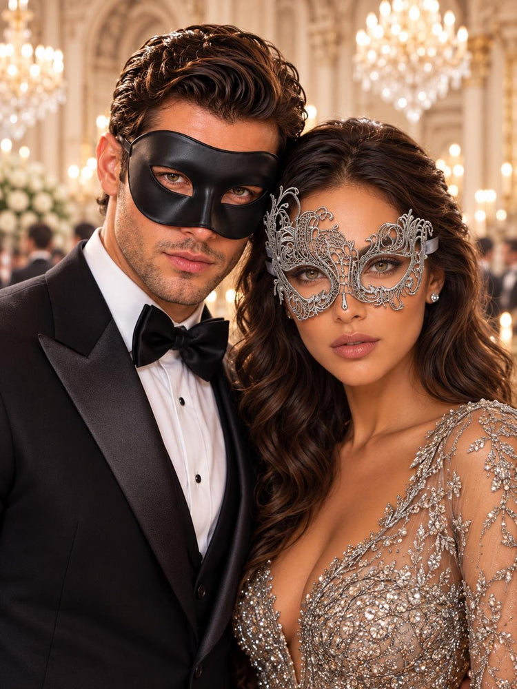 Black & Silver matching masquerade masks for couples, men’s Venetian and women’s lace eye masks – view 1