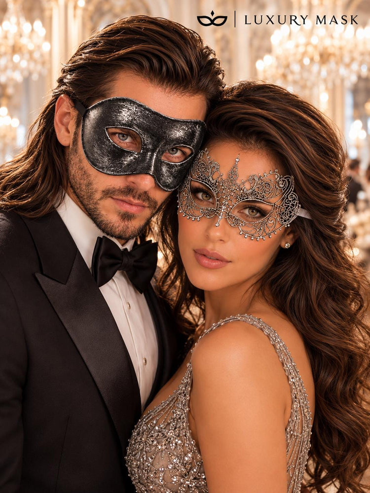 Black & Silver matching masquerade masks for couples, men’s Venetian and women’s lace eye masks – view 2