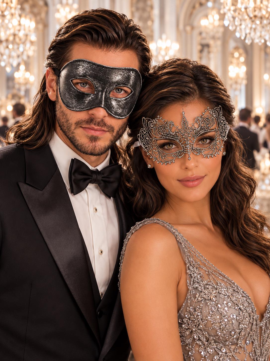 Black & Silver matching masquerade masks for couples, men’s Venetian and women’s lace eye masks – view 4