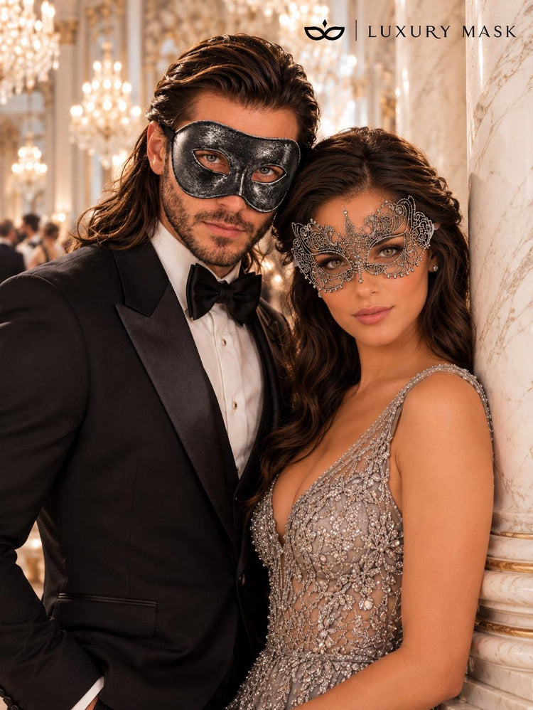 Black & Silver matching masquerade masks for couples, men’s Venetian and women’s lace eye masks – view 5