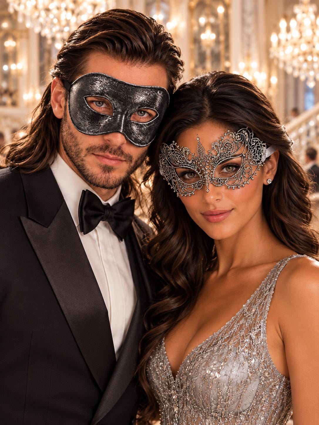 Black & Silver matching masquerade masks for couples, men’s Venetian and women’s lace eye masks – view 1