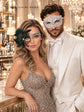 Black Silver Phantom Peacock Mask for Women & White Diamond Metal Mask for Men - Clear Stone Venetian Couples Masquerade Set - product photo