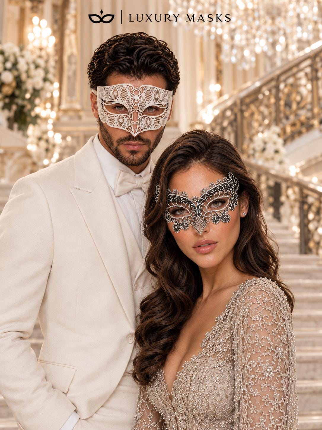 White Laser Cut Diamond Mask for Men & Black Silver Lace Mask for Women - Metal Venetian His and Hers Masquerade Set - product photo