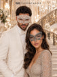 White Laser Cut Diamond Mask for Men & Black Silver Lace Mask for Women - Metal Venetian His and Hers Masquerade Set - product photo