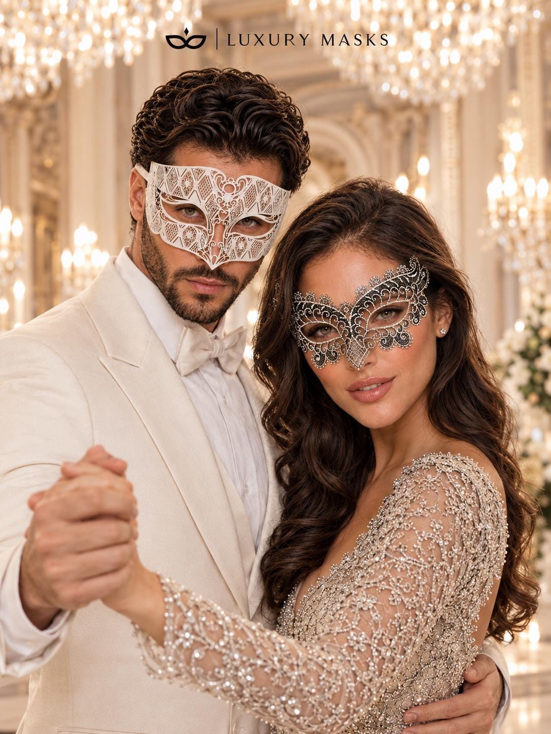 White Laser Cut Diamond Mask for Men & Black Silver Lace Mask for Women - Metal Venetian His and Hers Masquerade Set - product photo