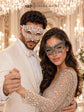 White Laser Cut Diamond Mask for Men & Black Silver Lace Mask for Women - Metal Venetian His and Hers Masquerade Set - product photo