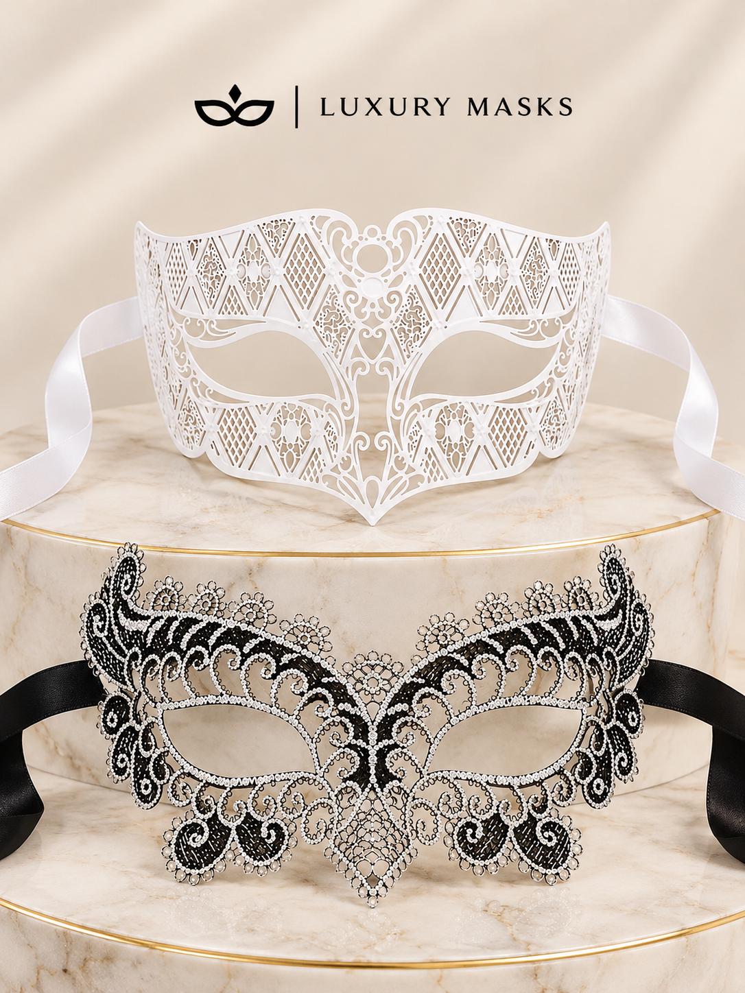 White Laser Cut Diamond Mask for Men & Black Silver Lace Mask for Women - Metal Venetian His and Hers Masquerade Set - product photo