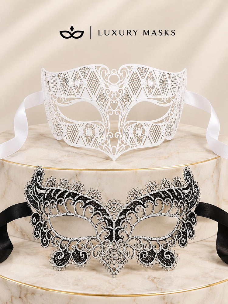 White Laser Cut Diamond Mask for Men & Black Silver Lace Mask for Women - Metal Venetian His and Hers Masquerade Set - product photo