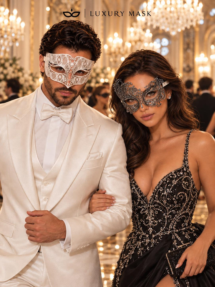 Silver Chrome Swan Lace Mask for Women & White Diamond Metal Mask for Men - Venetian His and Hers Masquerade Masks - product photo