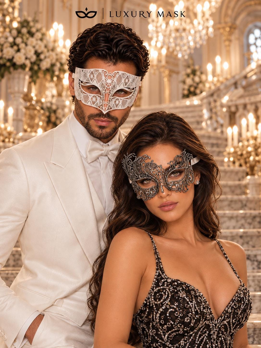 Silver Chrome Swan Lace Mask for Women & White Diamond Metal Mask for Men - Venetian His and Hers Masquerade Masks - product photo