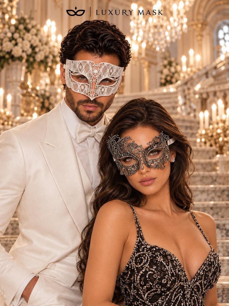 Silver Chrome Swan Lace Mask for Women & White Diamond Metal Mask for Men - Venetian His and Hers Masquerade Masks - product photo