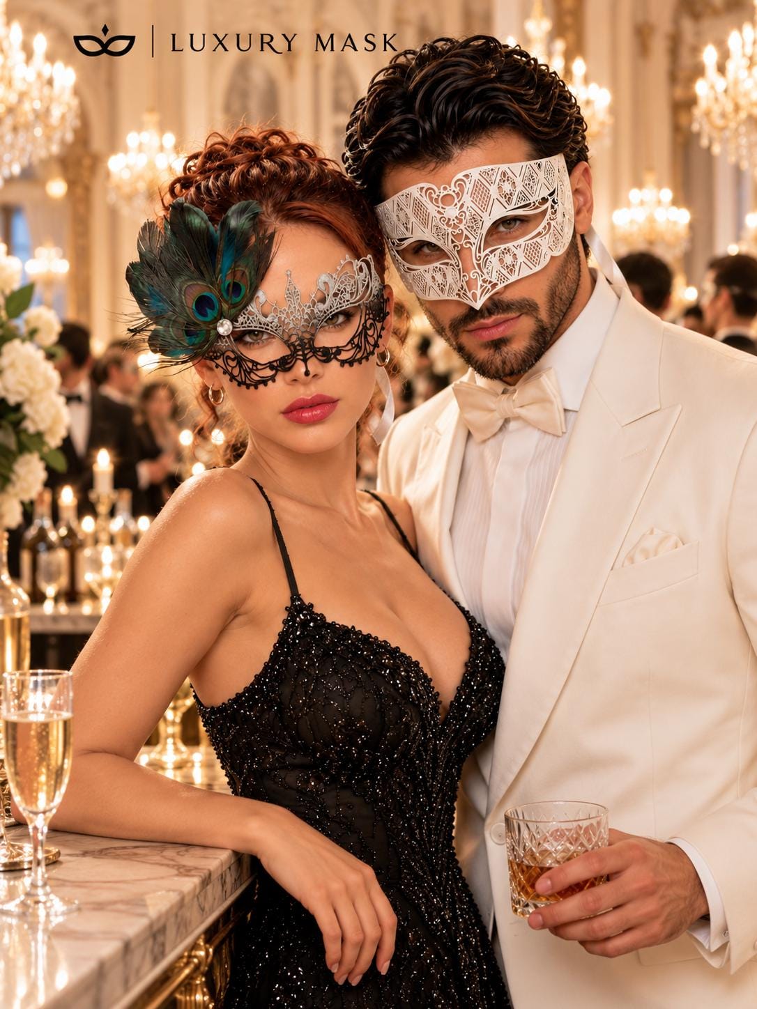 White Diamond Venetian Mask for Men with Silver Black Peacock Lace Mask for Women - Laser Cut Metal Couples Masquerade Set - product photo