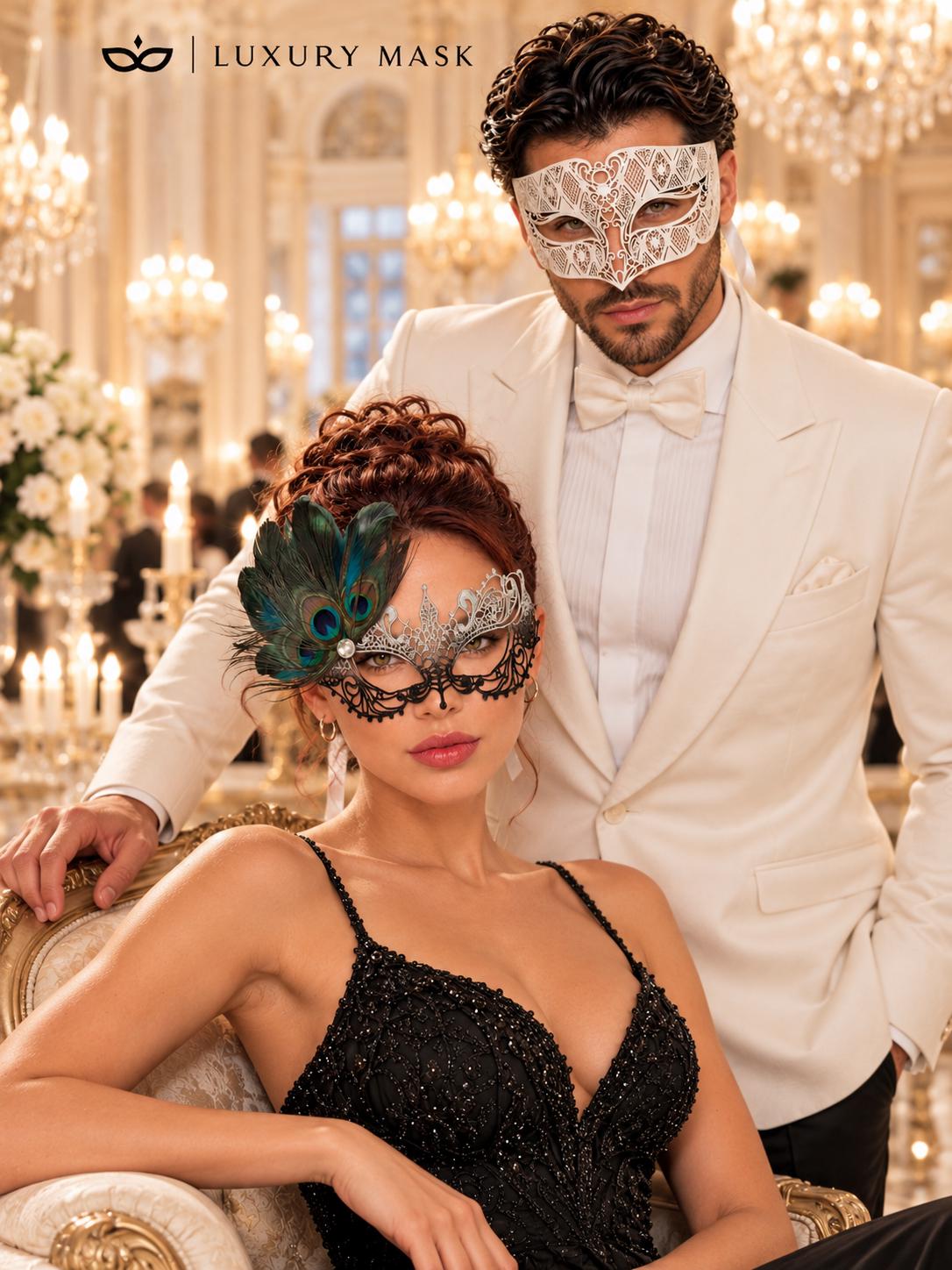 White Diamond Venetian Mask for Men with Silver Black Peacock Lace Mask for Women - Laser Cut Metal Couples Masquerade Set - product photo