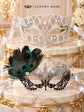White Diamond Venetian Mask for Men with Silver Black Peacock Lace Mask for Women - Laser Cut Metal Couples Masquerade Set - product photo