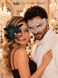 Silver Black Phantom Peacock Feather Mask for Women with White Diamond Metal Mask for Men - Venetian Masquerade Couple Set - product photo