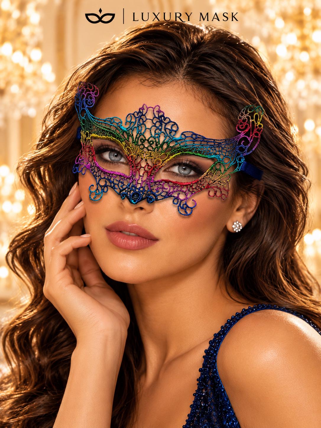 Rainbow Crown Lace Mask for Women - Colorful Detailed Venetian Eye Mask for Masquerade Ball, Mardi Gras & Costume Party - product photo