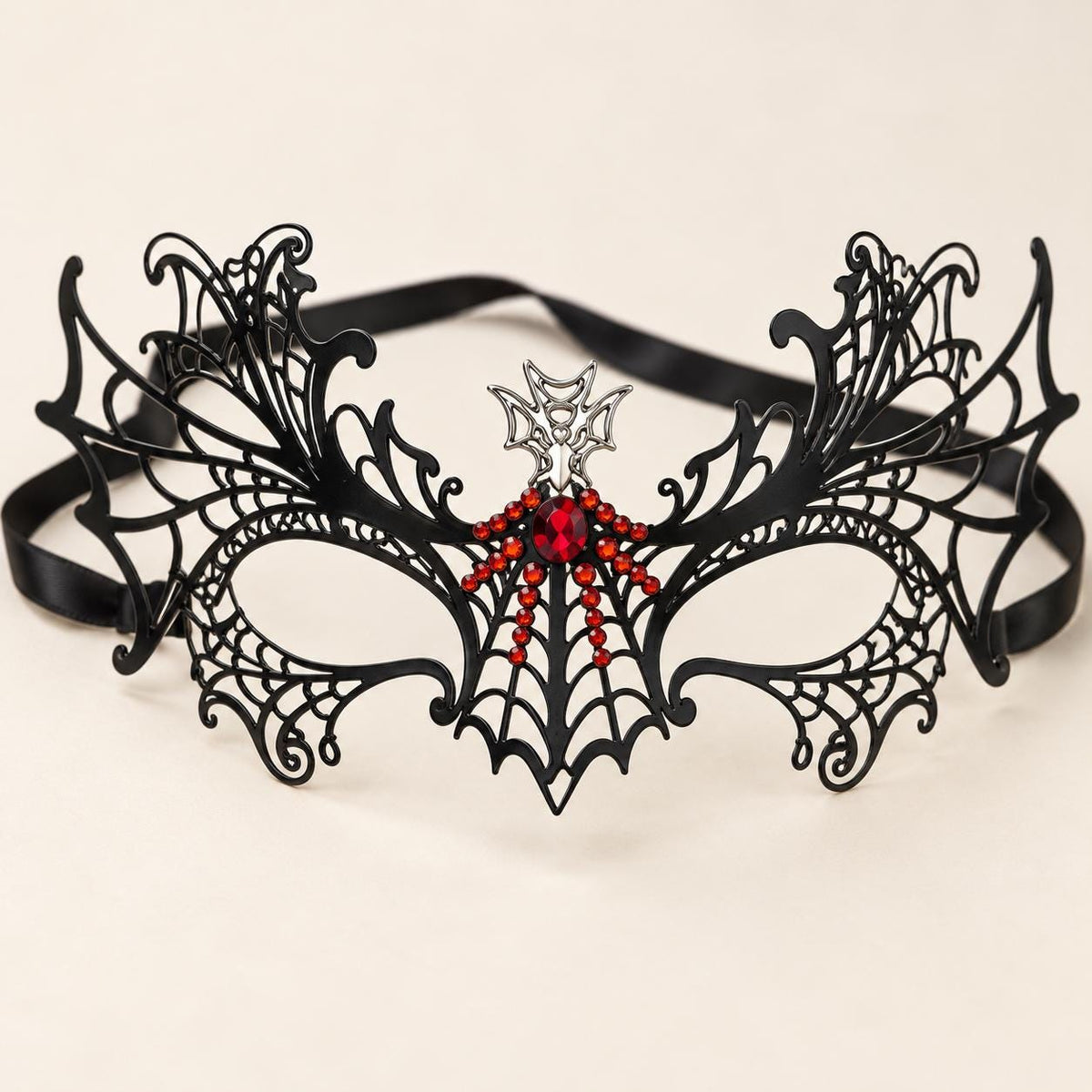 Black Spider Web Masquerade Mask with Red Rhinestones for Women, Halloween Eye Mask - product photo