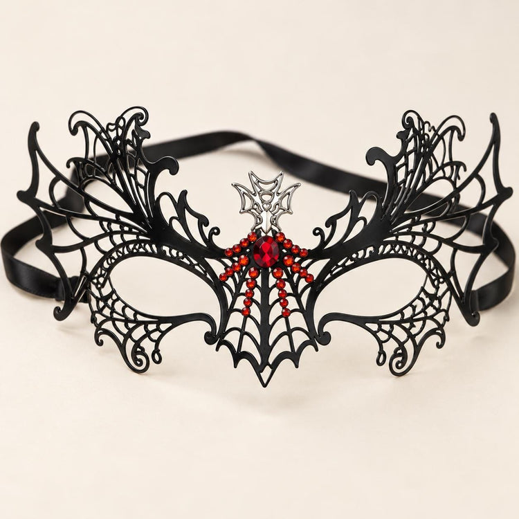 Black Spider Web Masquerade Mask with Red Rhinestones for Women, Halloween Eye Mask - product photo
