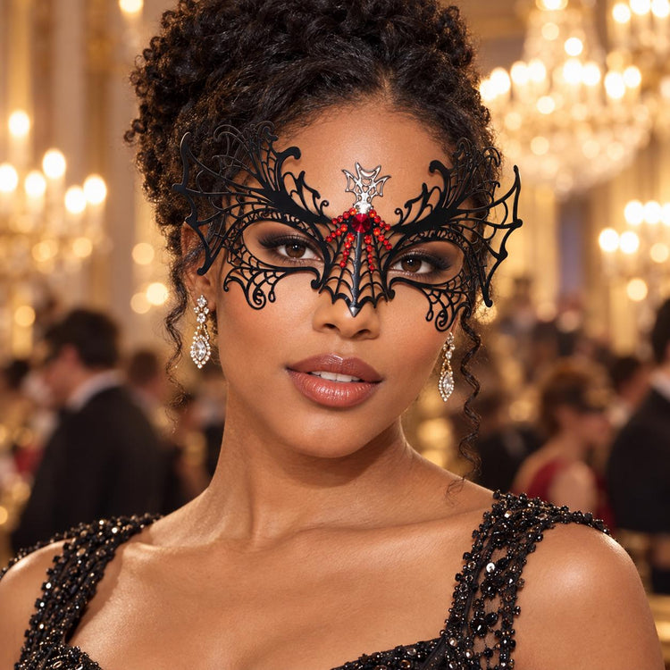 Black Spider Web Masquerade Mask with Red Rhinestones for Women, Halloween Eye Mask - product photo