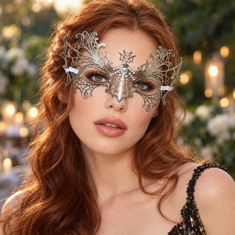 Silver Spider Web Masquerade Mask with Clear Rhinestones for Women, Halloween Eye Mask - product photo