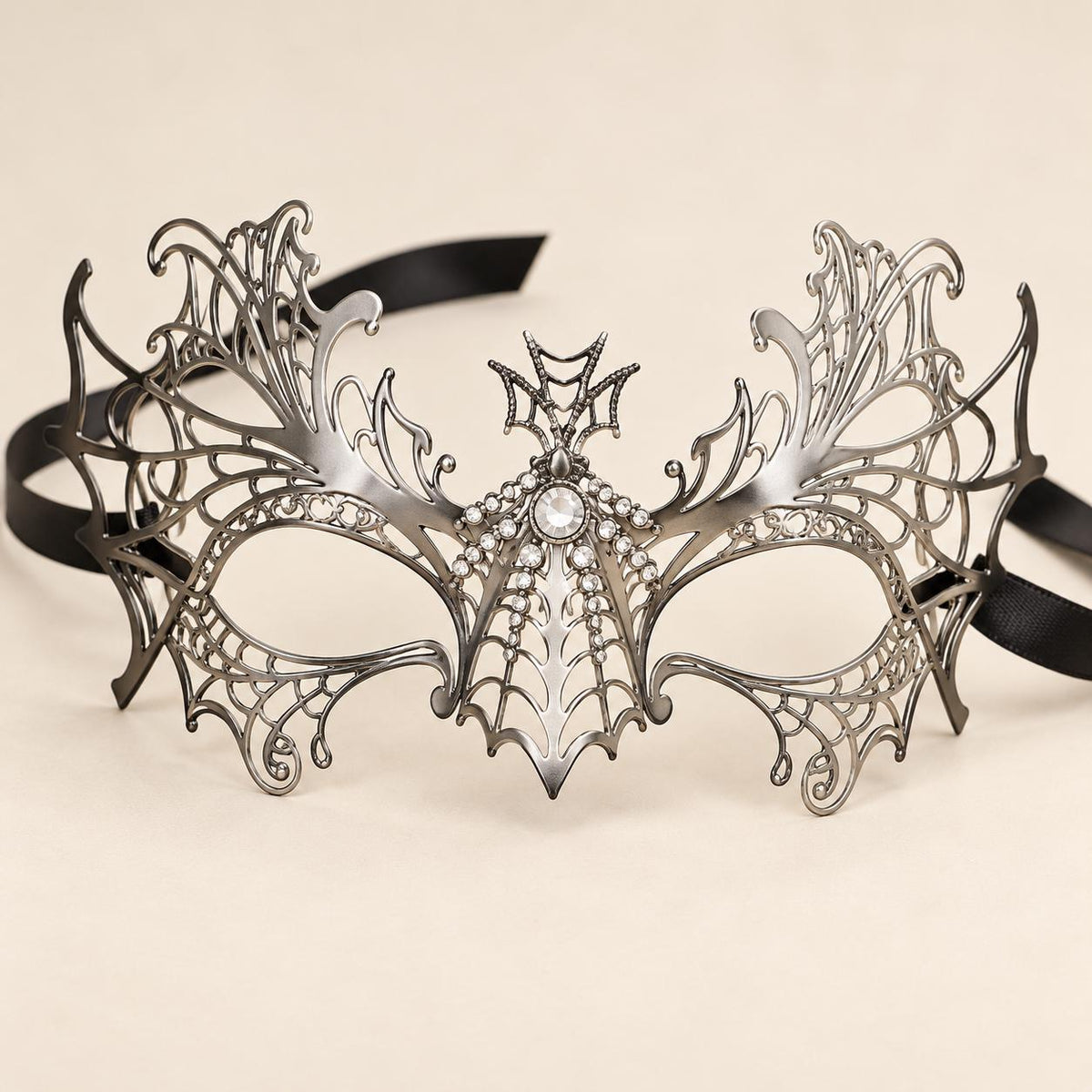 Silver Spider Web Masquerade Mask with Clear Rhinestones for Women, Halloween Eye Mask - product photo