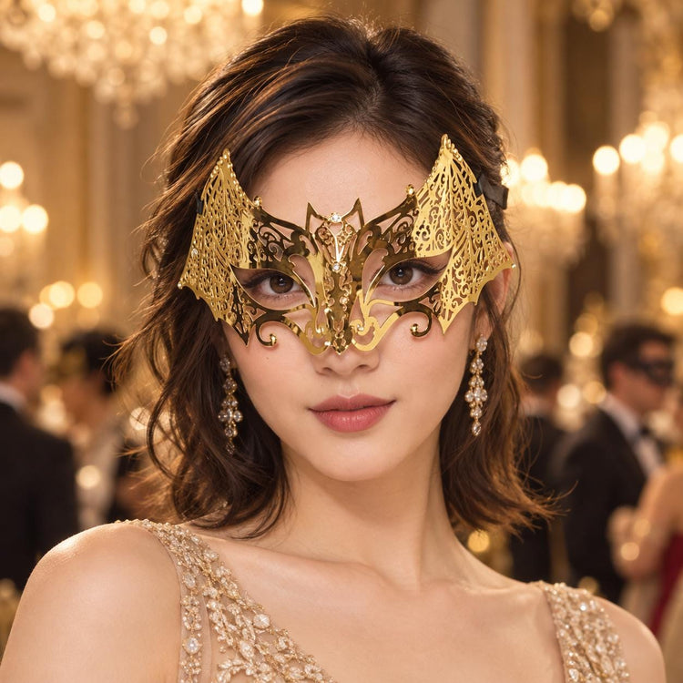 Gold Crown Masquerade Mask for Women, Metal Eye Mask with Clear Stones for Prom - product photo