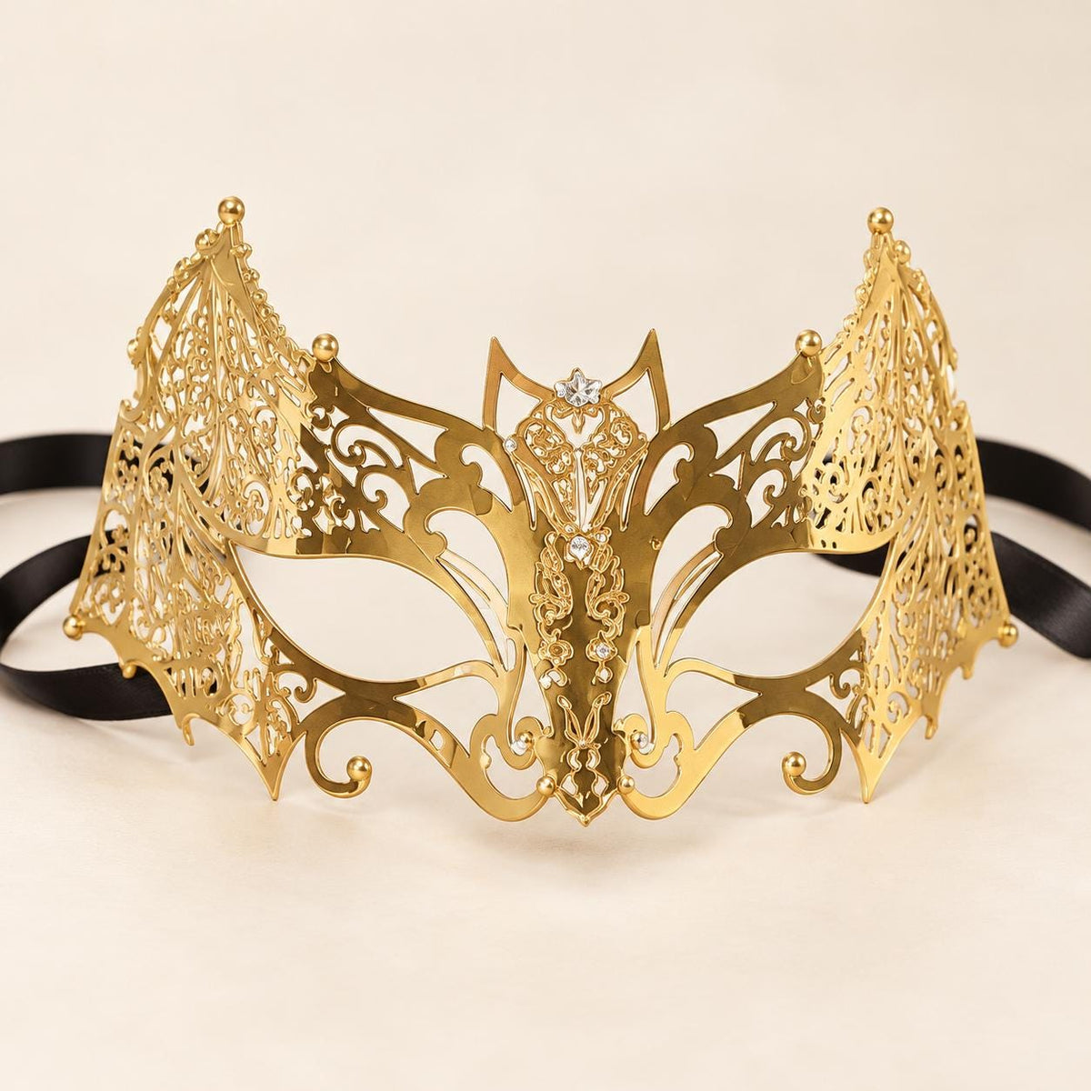 Gold Crown Masquerade Mask for Women, Metal Eye Mask with Clear Stones for Prom - product photo
