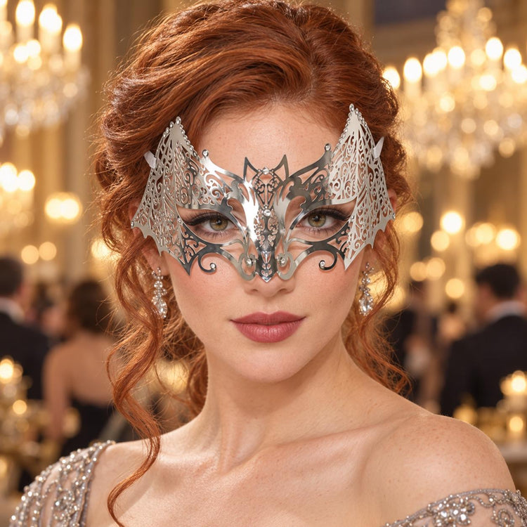 Silver Crown Masquerade Mask for Women, Metal Eye Mask with Clear Stones for Prom - product photo