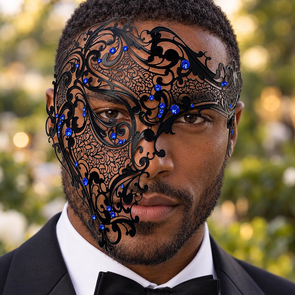 Black Masquerade Mask with Blue Rhinestones for Men, Metal Side Mask for Costume Parties - product photo