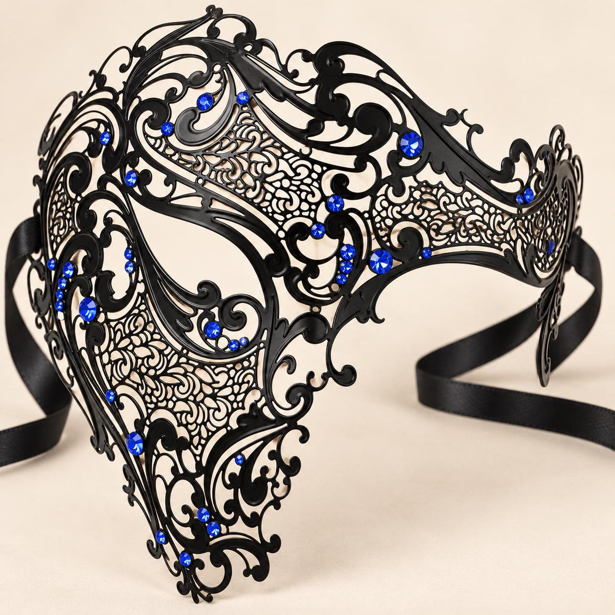 Black Masquerade Mask with Blue Rhinestones for Men, Metal Side Mask for Costume Parties - product photo