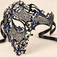 Black Masquerade Mask with Blue Rhinestones for Men, Metal Side Mask for Costume Parties - product photo