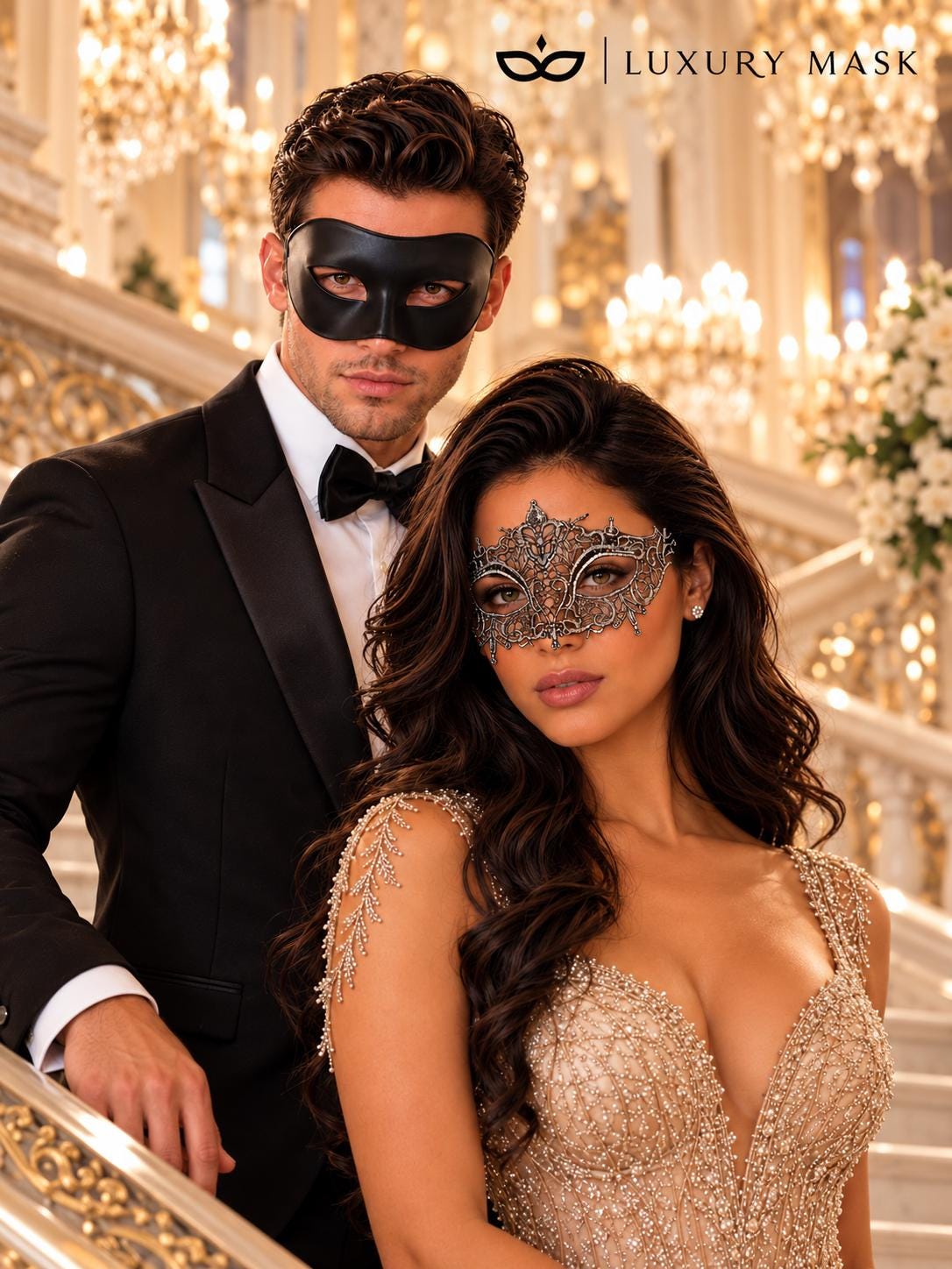 Black & Silver matching masquerade masks for couples, men’s Venetian and women’s lace eye masks – view 2