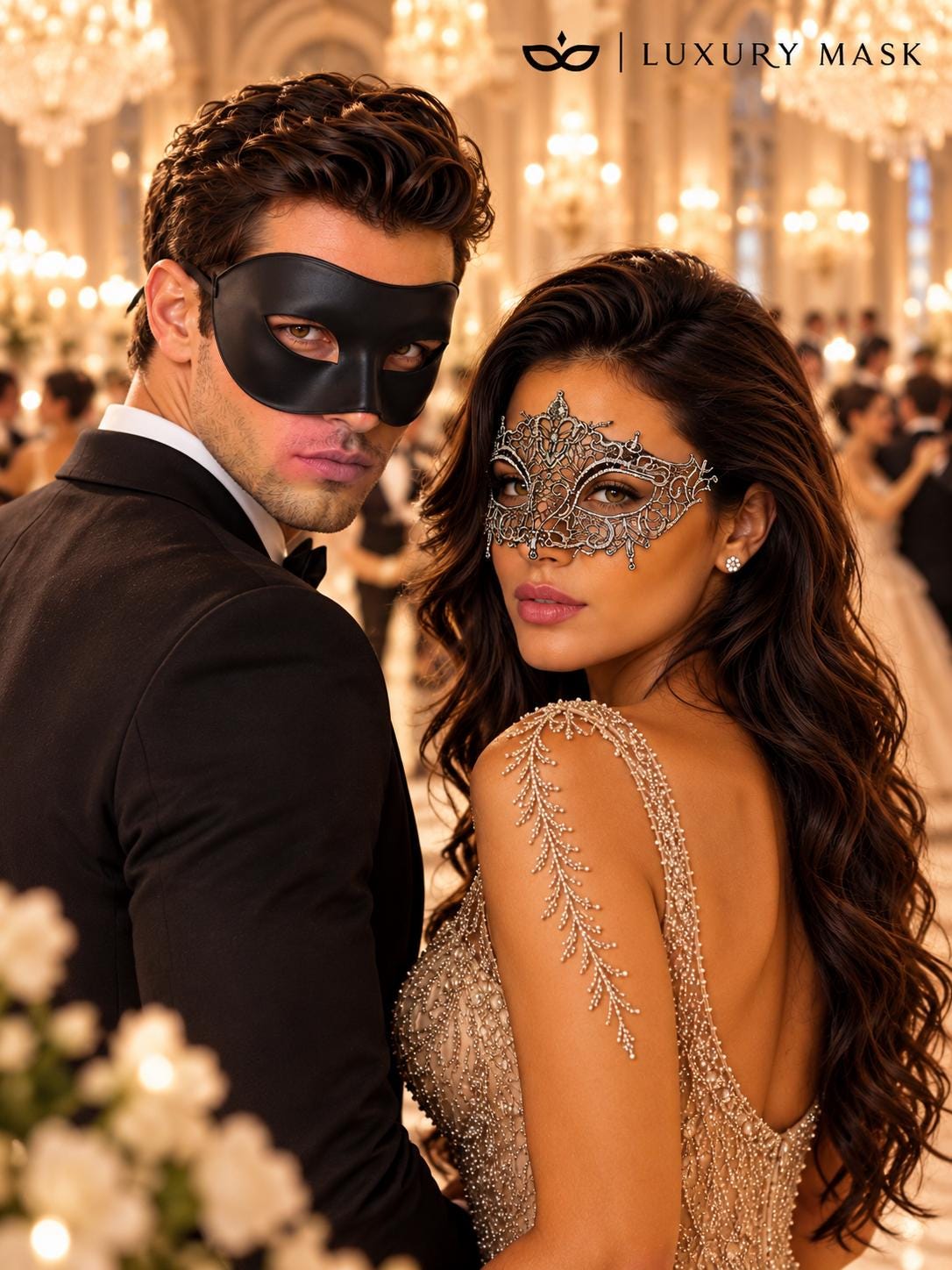 Black & Silver matching masquerade masks for couples, men’s Venetian and women’s lace eye masks – view 4