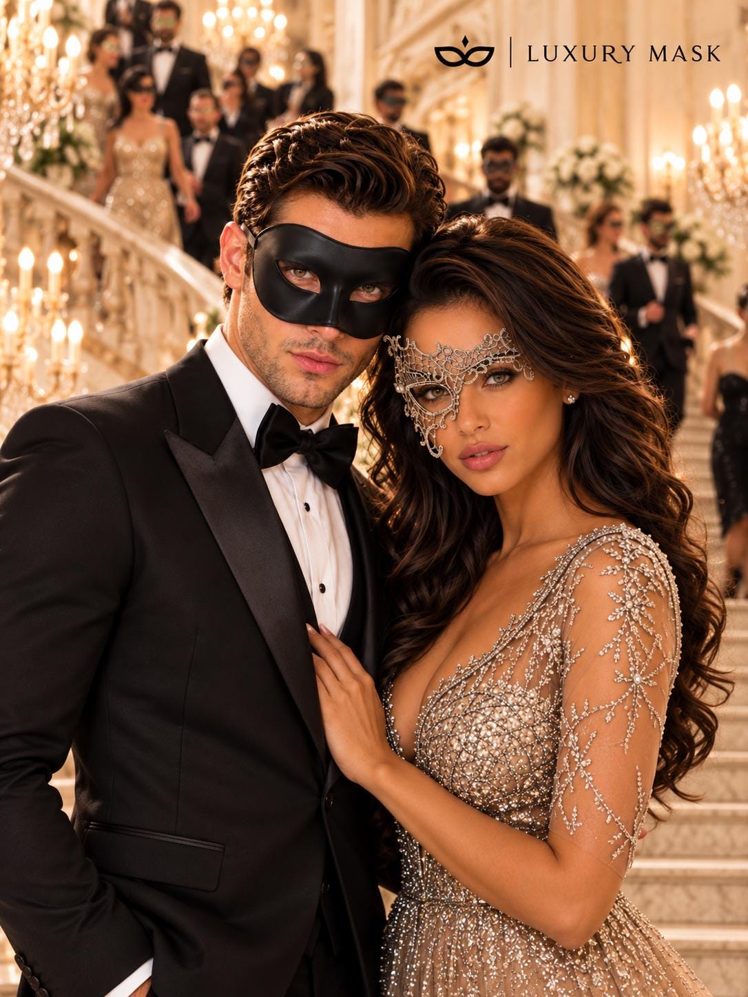 Black & Silver matching masquerade masks for couples, men’s Venetian and women’s lace eye masks – view 2