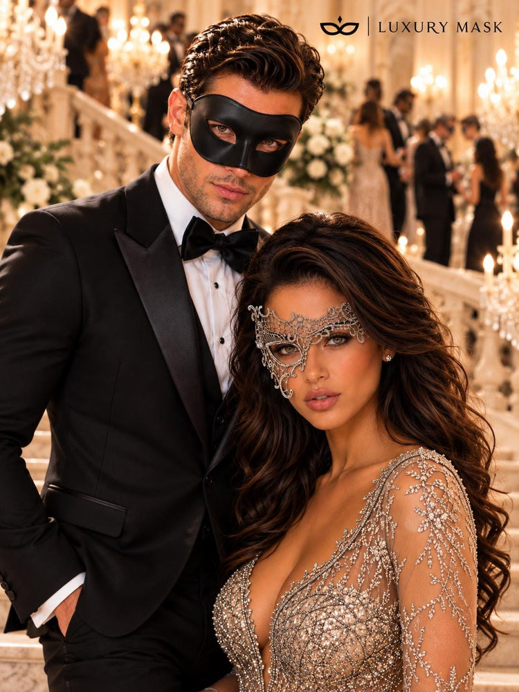 Black & Silver matching masquerade masks for couples, men’s Venetian and women’s lace eye masks – view 4