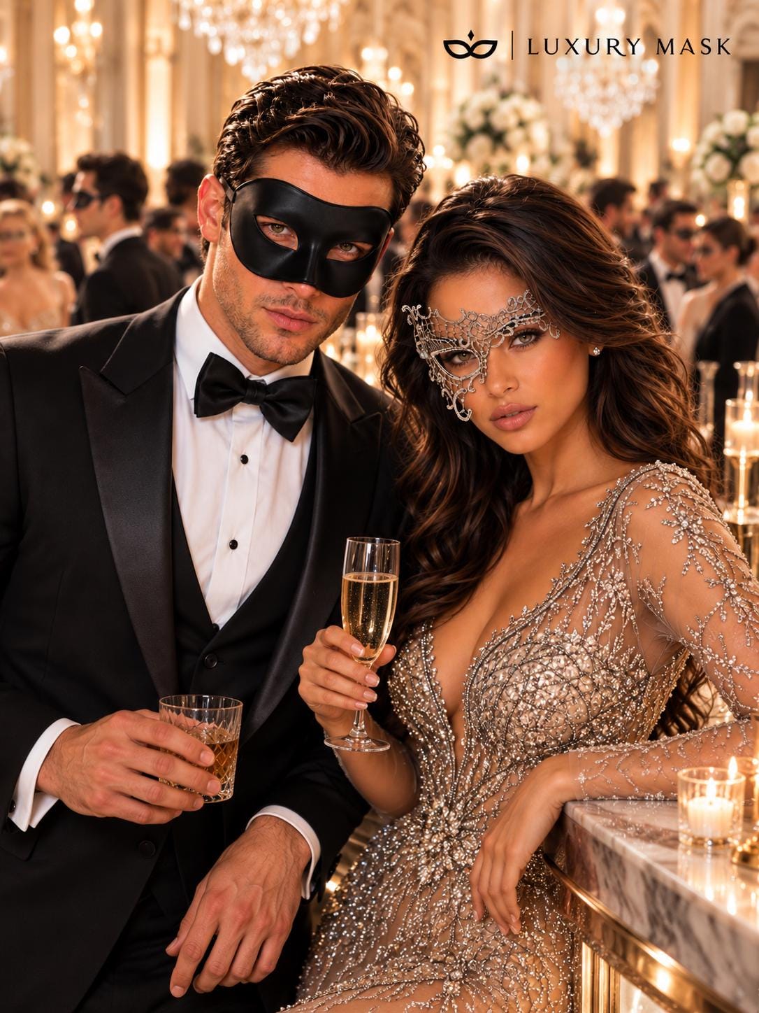 Black & Silver matching masquerade masks for couples, men’s Venetian and women’s lace eye masks – view 5