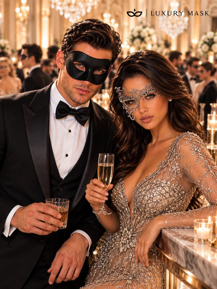 Black & Silver matching masquerade masks for couples, men’s Venetian and women’s lace eye masks – view 5