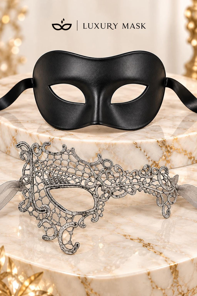 Black & Silver matching masquerade masks for couples, men’s Venetian and women’s lace eye masks – view 6