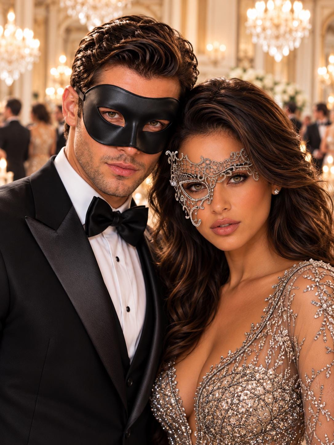 Black & Silver matching masquerade masks for couples, men’s Venetian and women’s lace eye masks – view 1
