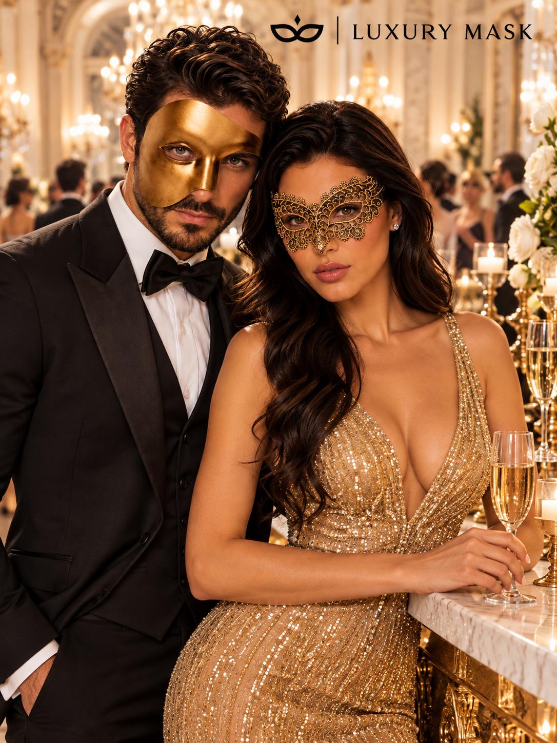 Gold Phantom Venetian Mask for Men & Black Gold Lace Mask for Women | His and Hers Masquerade Set - image 3