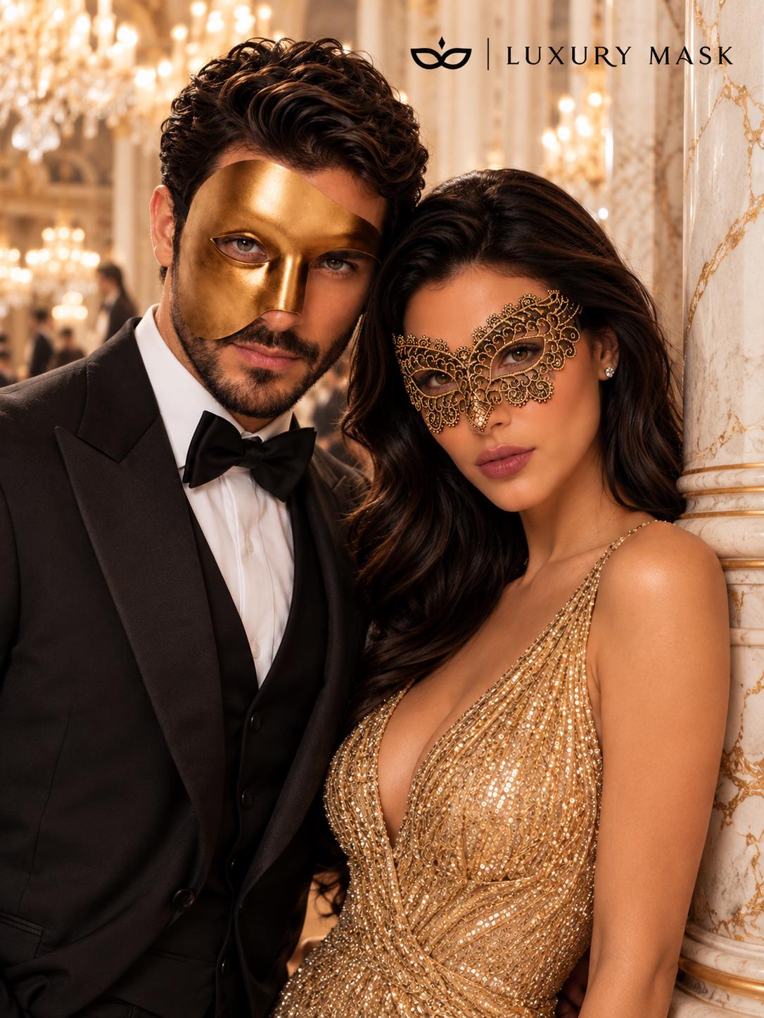 Gold Phantom Venetian Mask for Men & Black Gold Lace Mask for Women | His and Hers Masquerade Set - image 5