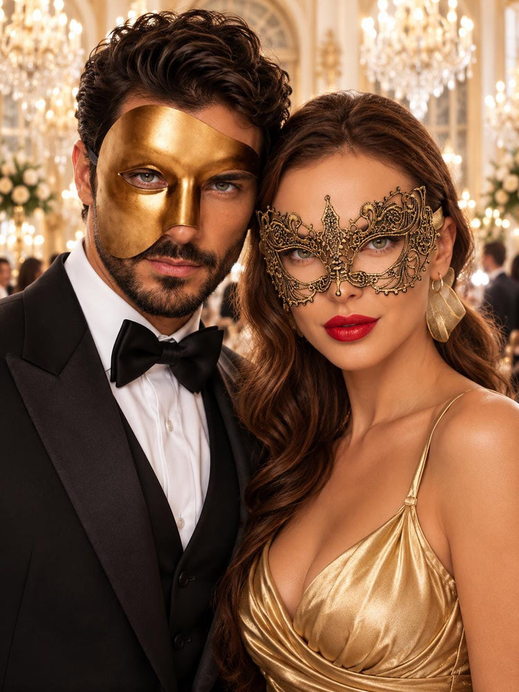 Gold Opera Phantom Mask for Men & Gold Lace Mask for Women | Venetian Half Face His and Hers Masquerade Set - main image