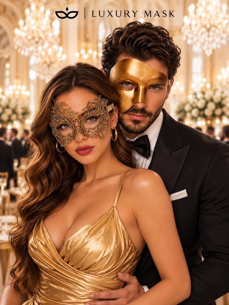 Gold Phantom Opera Mask for Men & Gold Swan Lace Mask for Women | Venetian His and Hers Masquerade Couple Set - image 2