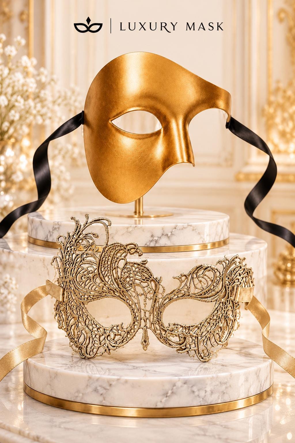 Gold Phantom Opera Mask for Men & Gold Swan Lace Mask for Women | Venetian His and Hers Masquerade Couple Set - image 6