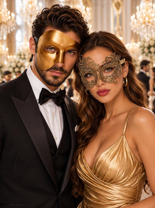 Gold Phantom Opera Mask for Men & Gold Swan Lace Mask for Women | Venetian His and Hers Masquerade Couple Set - main image
